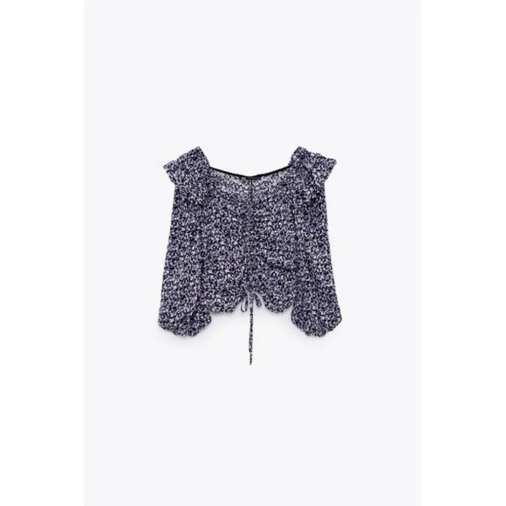 Zara Purple top floral long sleeve front drawstring size S boho bohemian